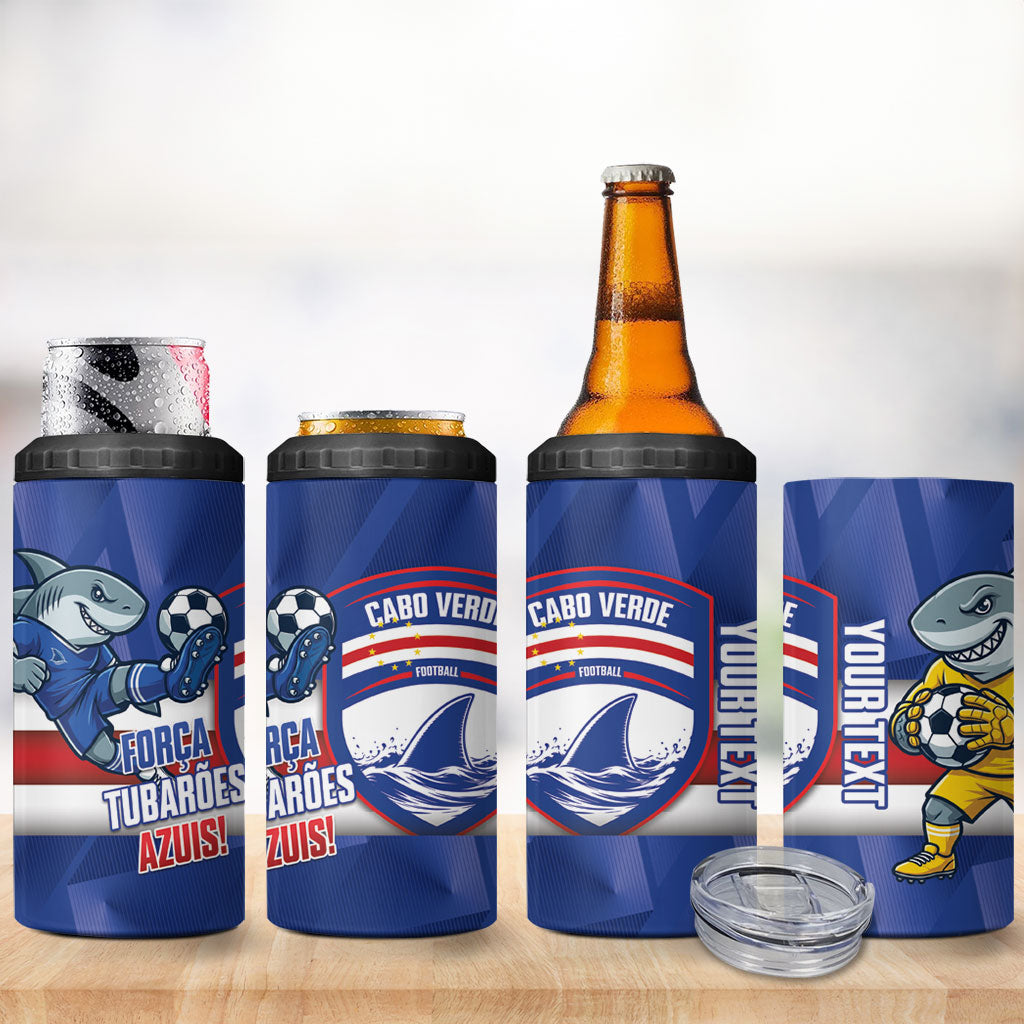 Cabo Verde Football 2026 Custom 4 in 1 Can Cooler Tumbler Forca Tubaroes Azuis