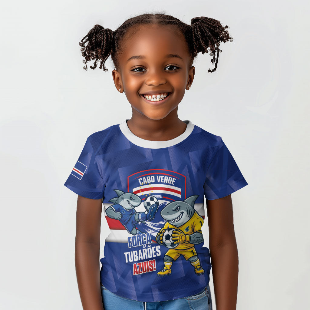 Cabo Verde Football 2026 Custom Kid T shirt Forca Tubaroes Azuis