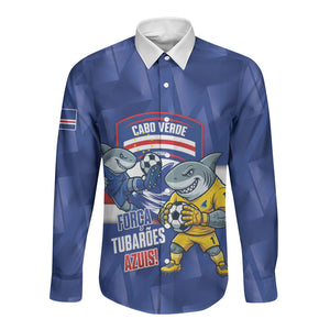 Cabo Verde Football 2026 Custom Long Sleeve Button Shirt Forca Tubaroes Azuis