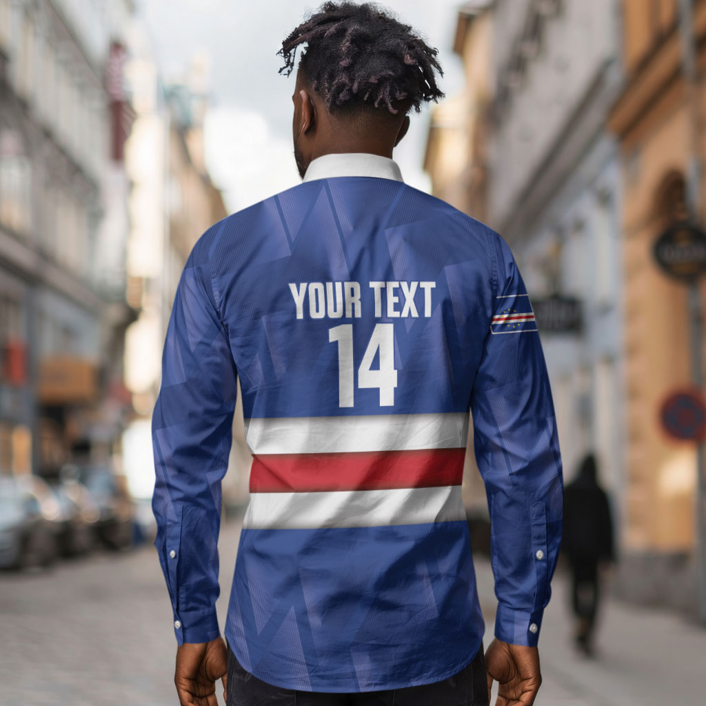 Cabo Verde Football 2026 Custom Long Sleeve Button Shirt Forca Tubaroes Azuis