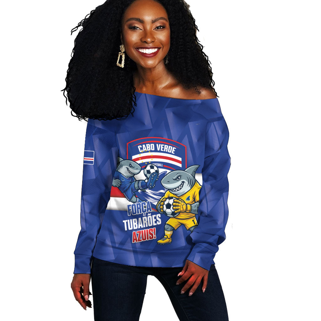 Cabo Verde Football 2026 Custom Off Shoulder Sweater Forca Tubaroes Azuis