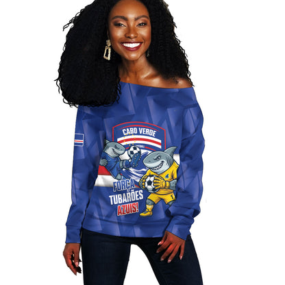 Cabo Verde Football 2026 Custom Off Shoulder Sweater Forca Tubaroes Azuis