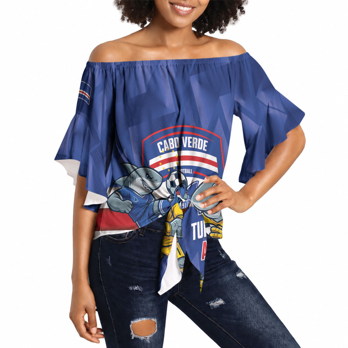 Cabo Verde Football 2026 Custom Off Shoulder Wrap Waist Top Forca Tubaroes Azuis