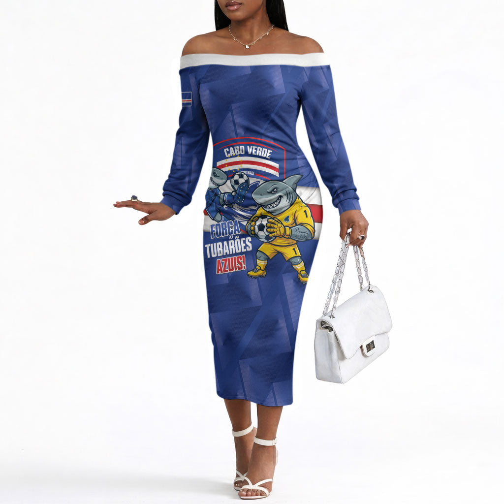 Cabo Verde Football 2026 Custom Off The Shoulder Long Sleeve Dress Forca Tubaroes Azuis