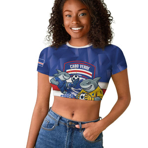 Cabo Verde Football 2026 Custom Raglan Cropped T shirt Forca Tubaroes Azuis