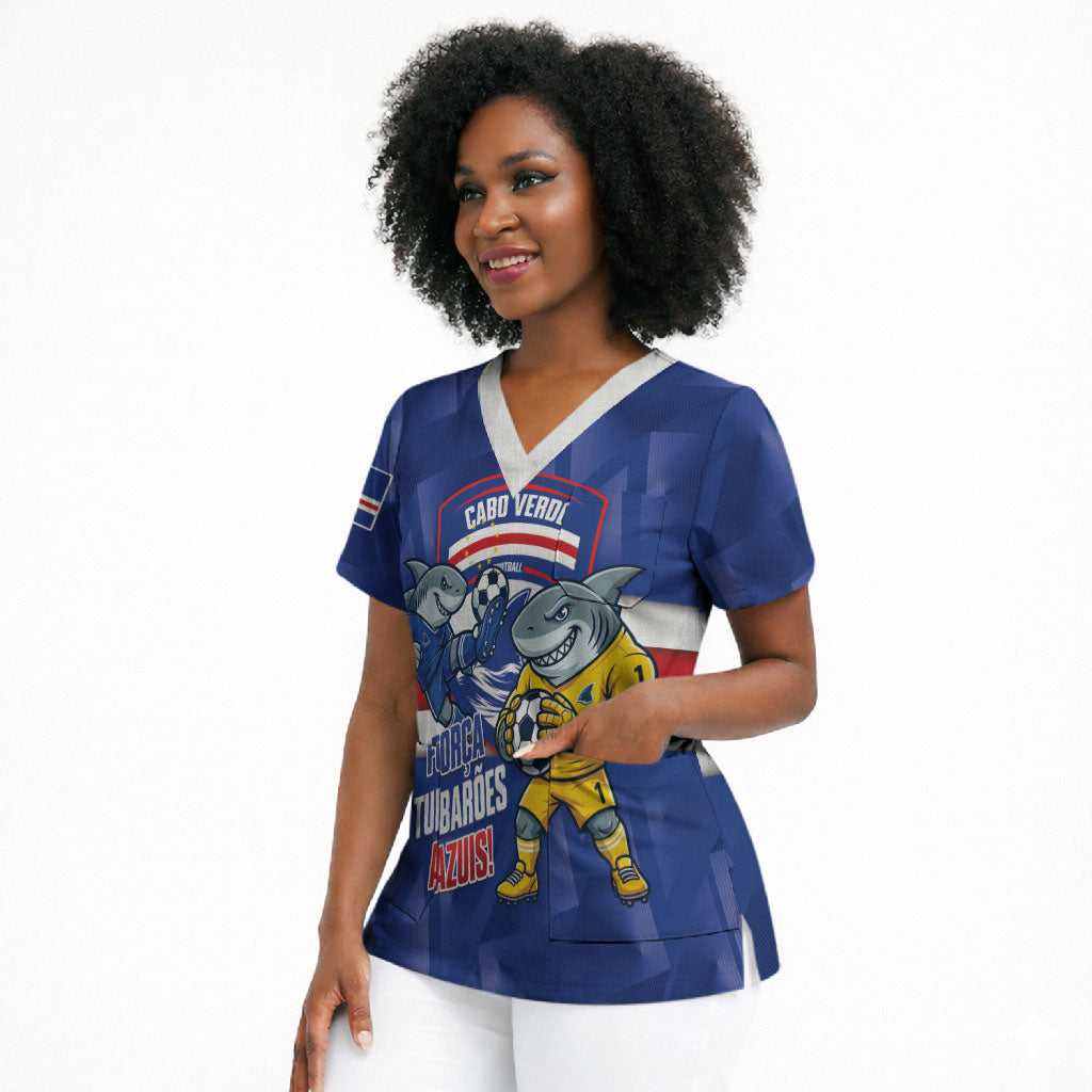 Cabo Verde Football 2026 Custom Scrub Top Forca Tubaroes Azuis