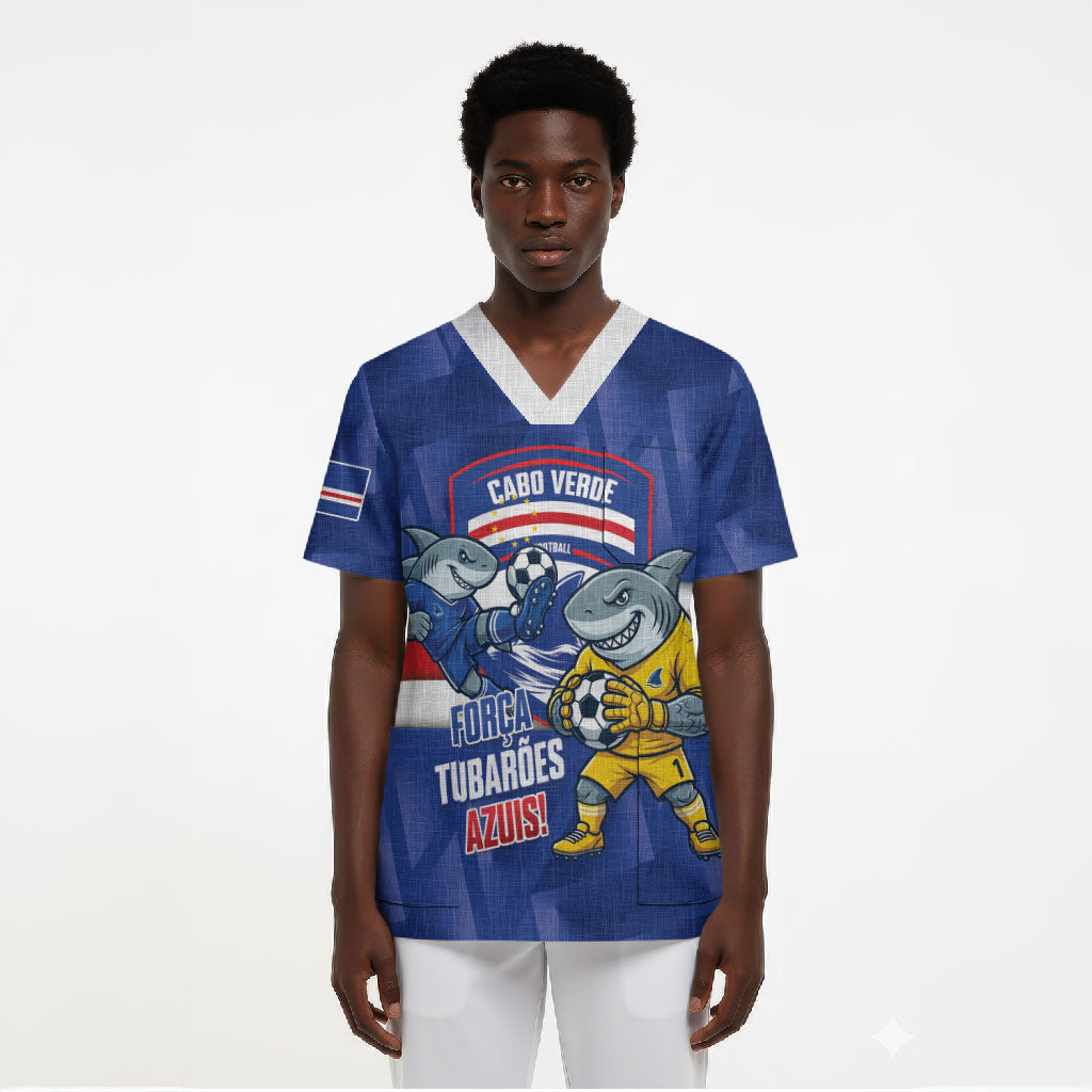 Cabo Verde Football 2026 Custom Scrub Top Forca Tubaroes Azuis