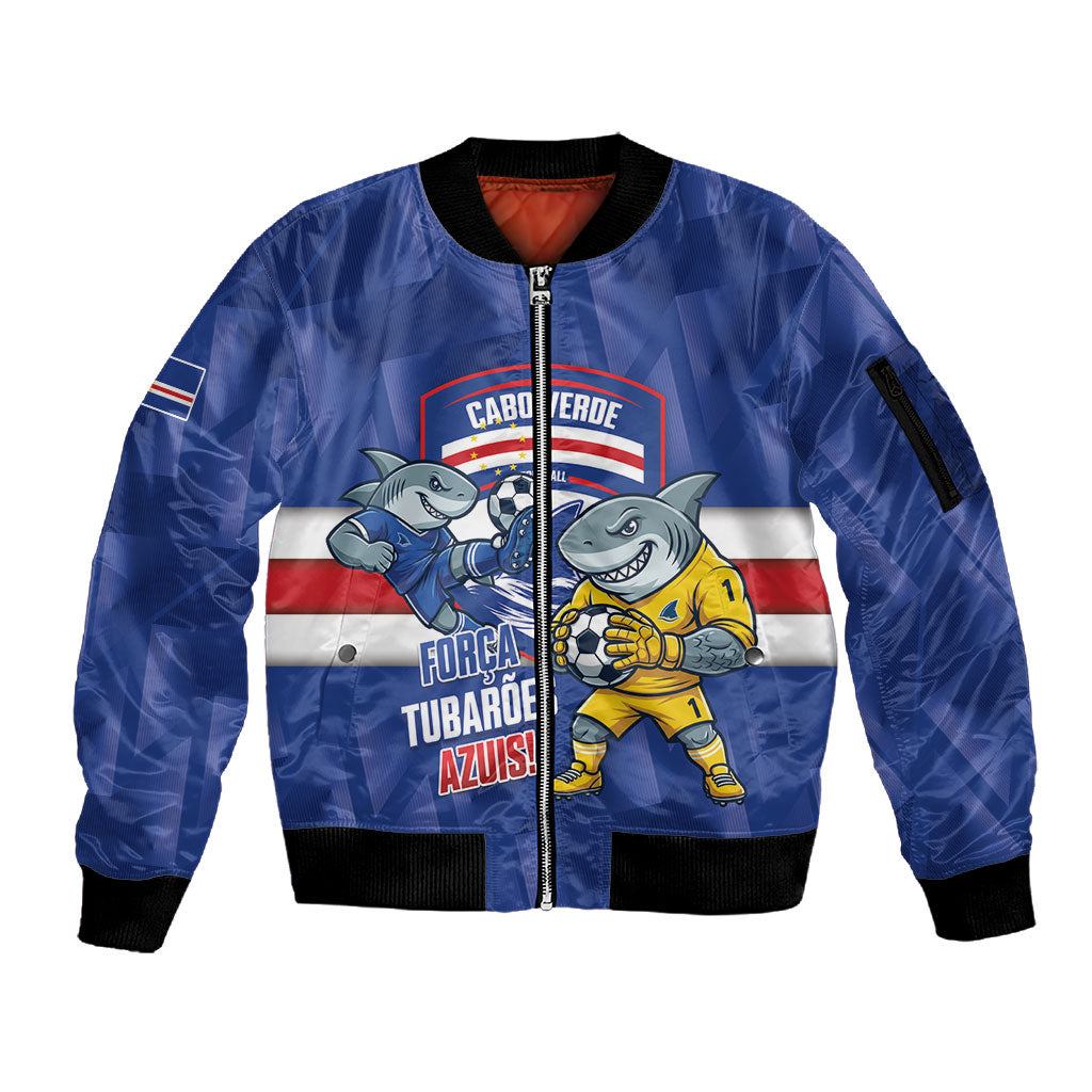Cabo Verde Football 2026 Custom Sleeve Zip Bomber Jacket Forca Tubaroes Azuis
