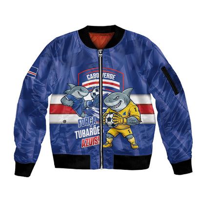 Cabo Verde Football 2026 Custom Sleeve Zip Bomber Jacket Forca Tubaroes Azuis