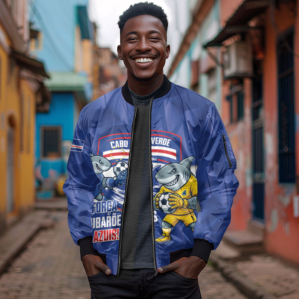 Cabo Verde Football 2026 Custom Sleeve Zip Bomber Jacket Forca Tubaroes Azuis