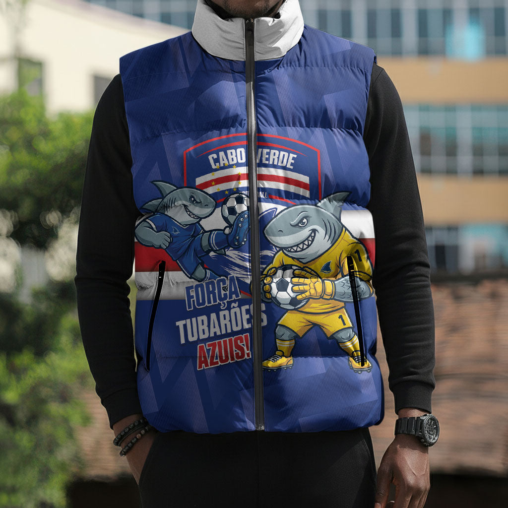 Cabo Verde Football 2026 Custom Sleeveless Puffer Jacket Forca Tubaroes Azuis