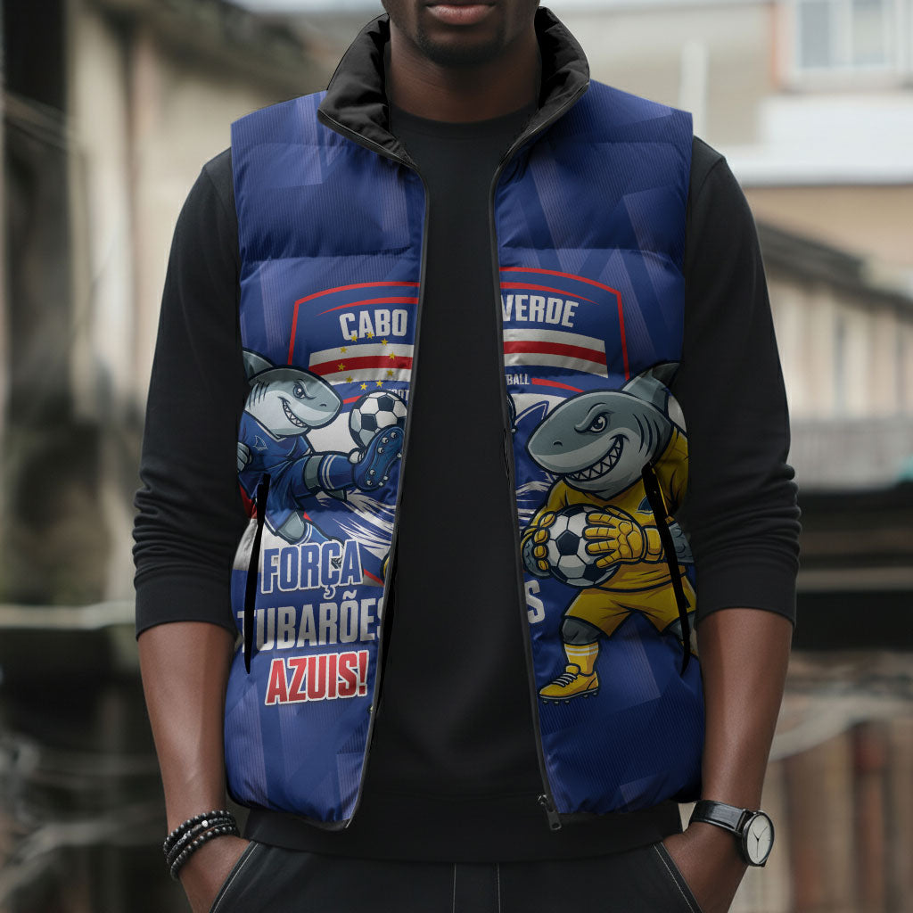 Cabo Verde Football 2026 Custom Sleeveless Puffer Jacket Forca Tubaroes Azuis
