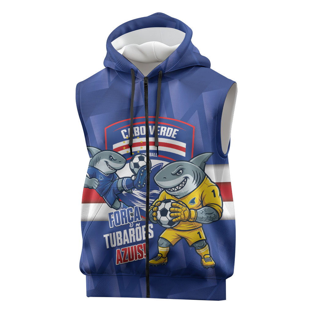 Cabo Verde Football 2026 Custom Sleeveless Zip Hoodie Forca Tubaroes Azuis
