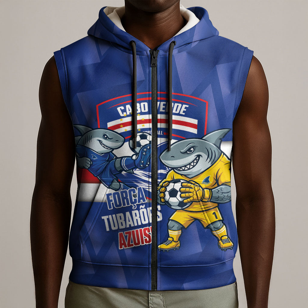 Cabo Verde Football 2026 Custom Sleeveless Zip Hoodie Forca Tubaroes Azuis