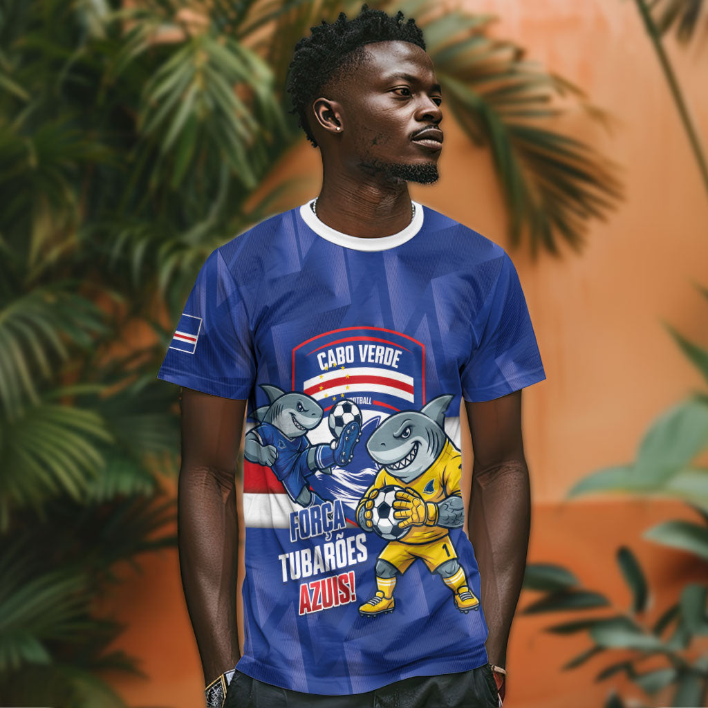 Cabo Verde Football 2026 Custom T shirt Forca Tubaroes Azuis