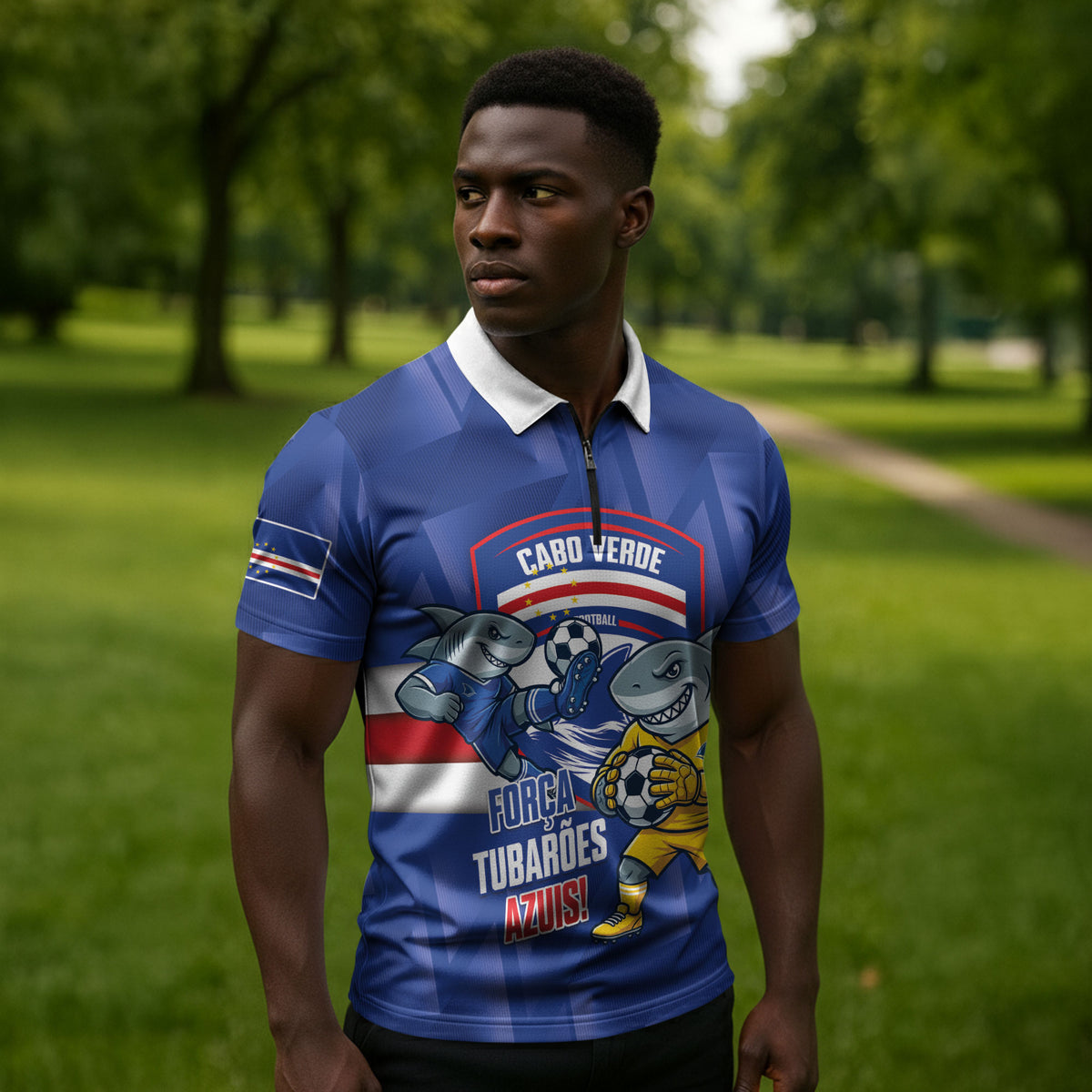 Cabo Verde Football 2026 Custom Zipper Polo Shirt Forca Tubaroes Azuis