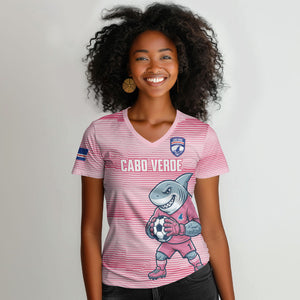 Cabo Verde Football 2026 Custom Women V-Neck T-Shirt Tubaroes Azuis Goalkeeper Pink Jersey