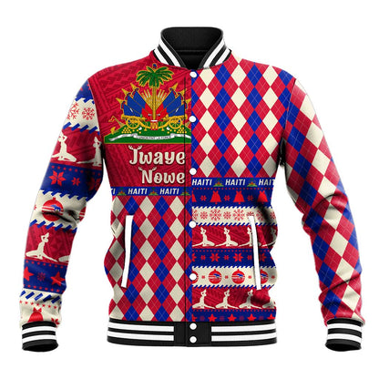 Afro Haiti Christmas Baseball Jacket Jwaye Nowe Neg Marron With Coat Of Arms - African Pride