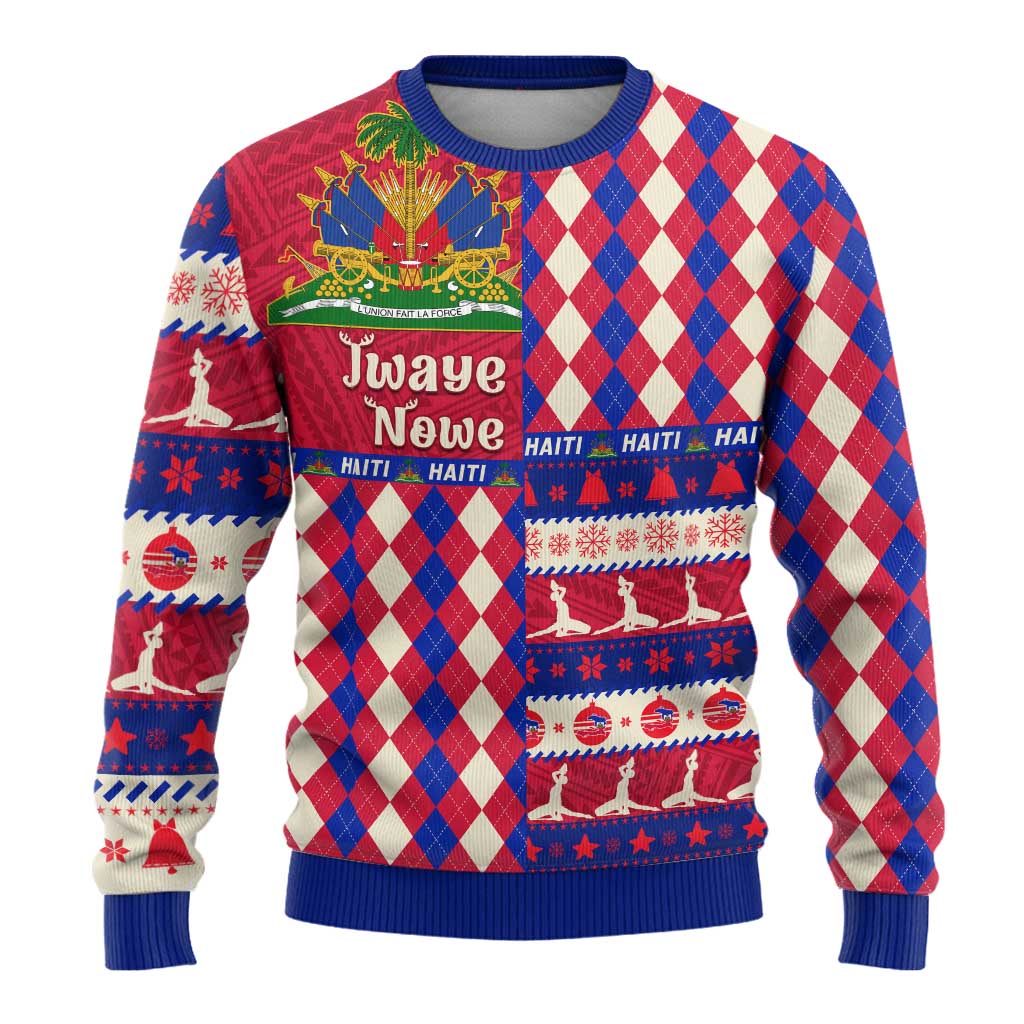 Afro Haiti Christmas Ugly Christmas Sweater Jwaye Nowe Neg Marron With Coat Of Arms - African Pride
