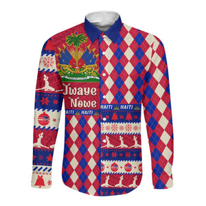 Afro Haiti Christmas Long Sleeve Button Shirt Jwaye Nowe Neg Marron With Coat Of Arms - African Pride