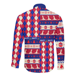 Afro Haiti Christmas Long Sleeve Button Shirt Jwaye Nowe Neg Marron With Coat Of Arms - African Pride
