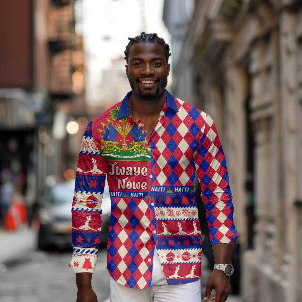 Afro Haiti Christmas Long Sleeve Button Shirt Jwaye Nowe Neg Marron With Coat Of Arms - African Pride