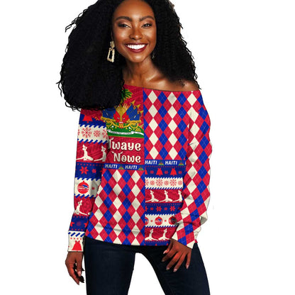 Afro Haiti Christmas Off Shoulder Sweater Jwaye Nowe Neg Marron With Coat Of Arms - African Pride