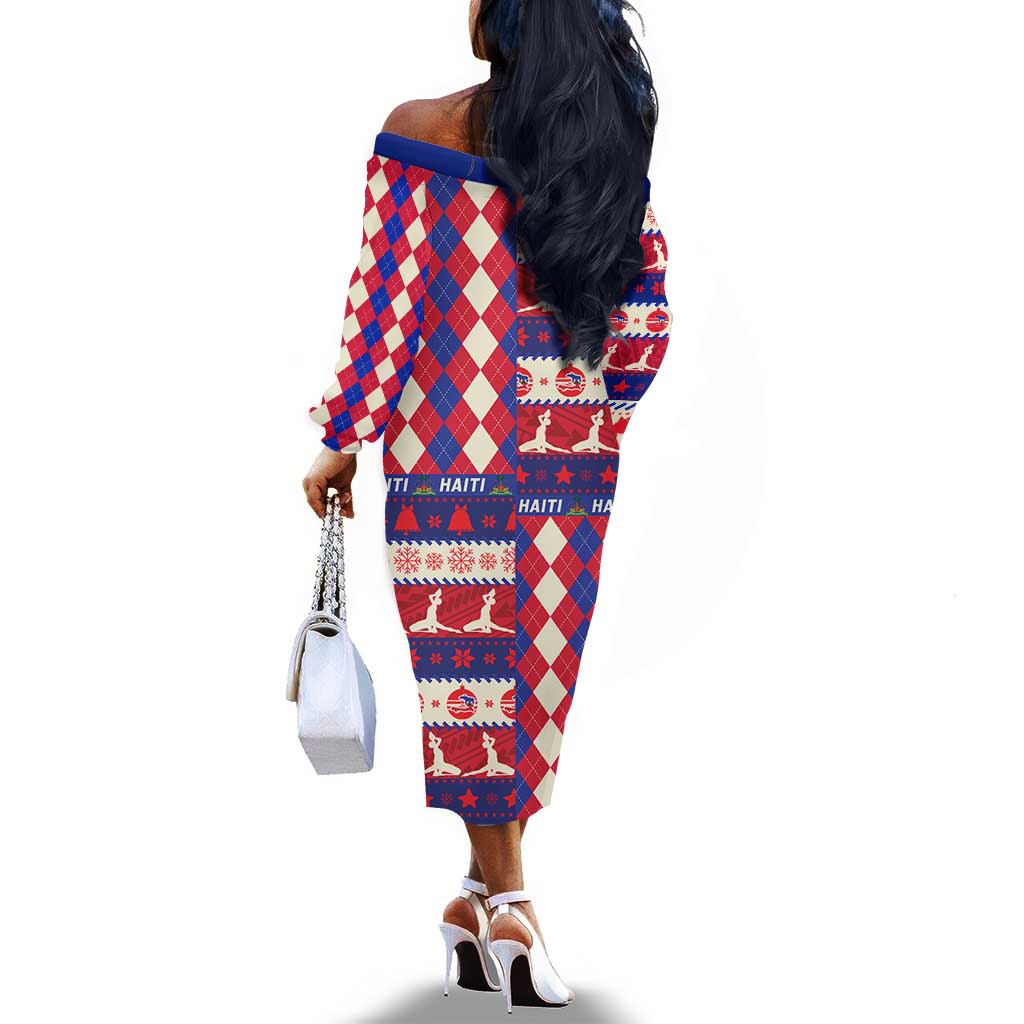 Afro Haiti Christmas Off The Shoulder Long Sleeve Dress Jwaye Nowe Neg Marron With Coat Of Arms - African Pride