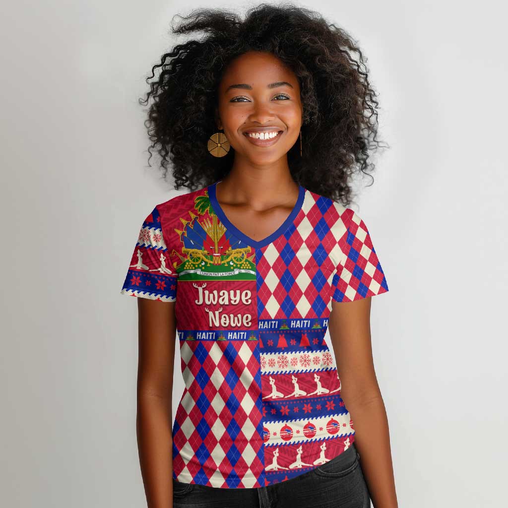 Afro Haiti Christmas Women V-Neck T-Shirt Jwaye Nowe Neg Marron With Coat Of Arms - African Pride