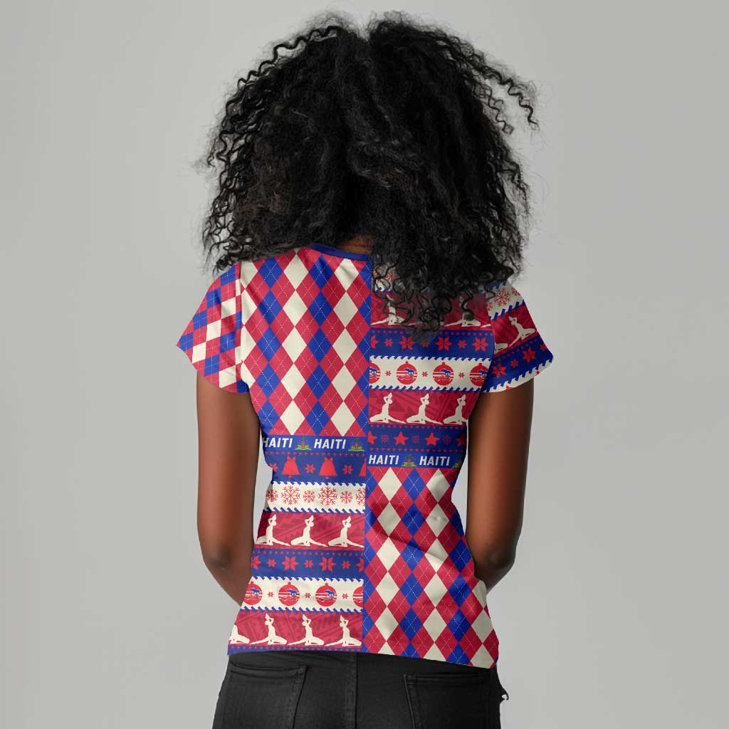 Afro Haiti Christmas Women V-Neck T-Shirt Jwaye Nowe Neg Marron With Coat Of Arms - African Pride