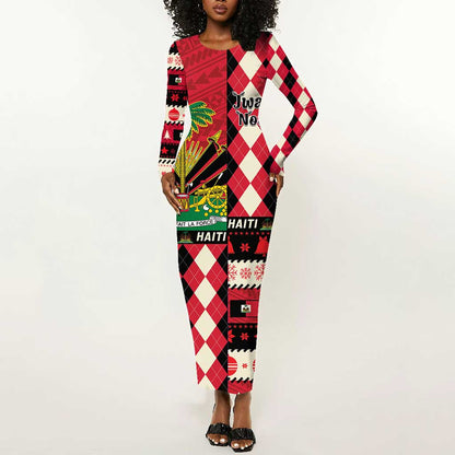Afro Haiti 1964 Christmas Long Sleeve Bodycon Dress Jwaye Nowe Neg Marron With Coat Of Arms - African Pride