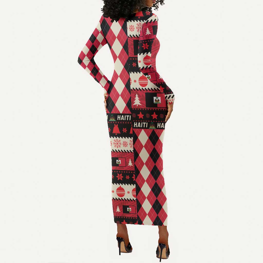 Afro Haiti 1964 Christmas Long Sleeve Bodycon Dress Jwaye Nowe Neg Marron With Coat Of Arms - African Pride