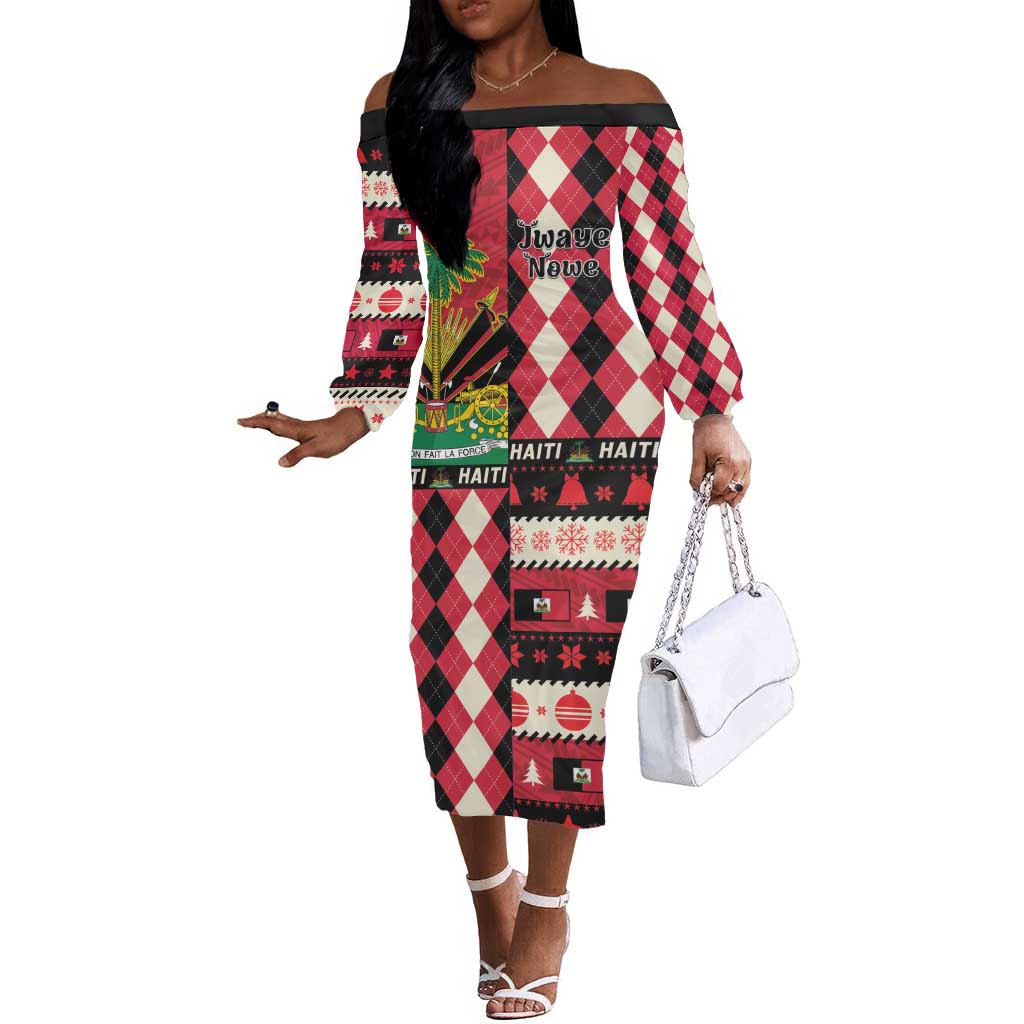 Afro Haiti 1964 Christmas Off The Shoulder Long Sleeve Dress Jwaye Nowe Neg Marron With Coat Of Arms - African Pride