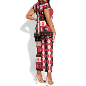 Afro Haiti 1964 Christmas Short Sleeve Bodycon Dress Jwaye Nowe Neg Marron With Coat Of Arms - African Pride