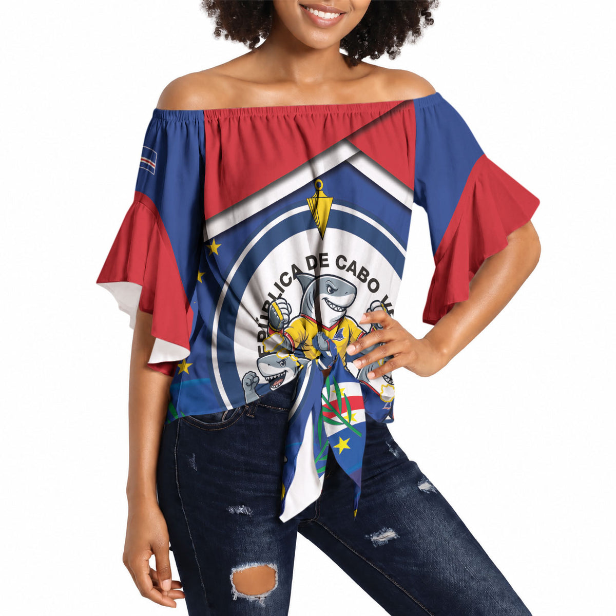 Cape Verde 2026 Football Off Shoulder Wrap Waist Top Orgulho Tubaroes Azuis Make History