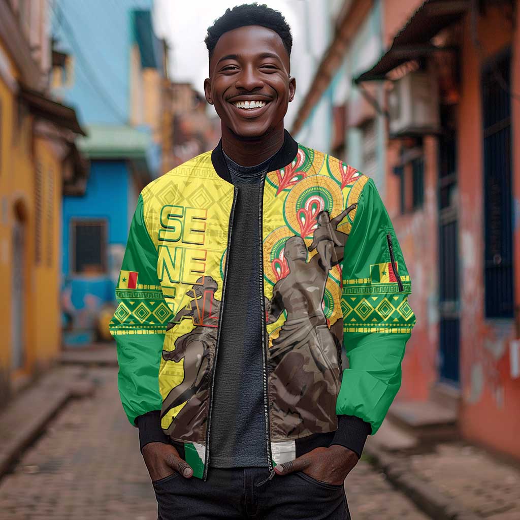 Senegal Monument de la Renaissance Sleeve Zip Bomber Jacket Africaine Ankara Pattern