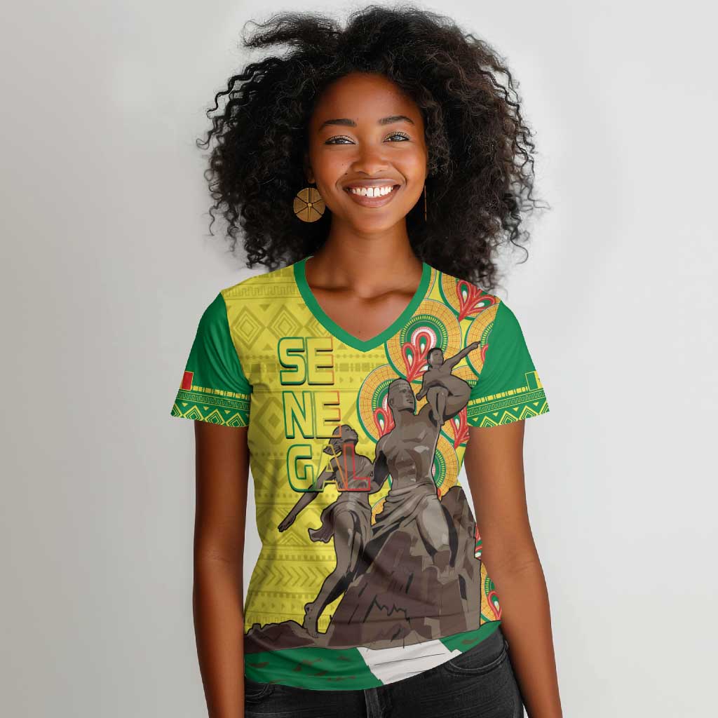 Senegal Monument de la Renaissance Women V-Neck T-Shirt Africaine Ankara Pattern