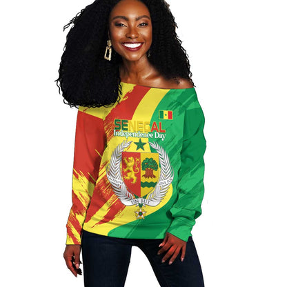 Afro Senegal Independence Day Off Shoulder Sweater Coat Of Arms Grunge Style