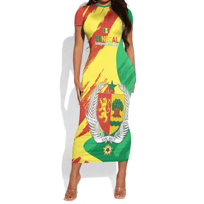 Afro Senegal Independence Day Short Sleeve Bodycon Dress Coat Of Arms Grunge Style LT14