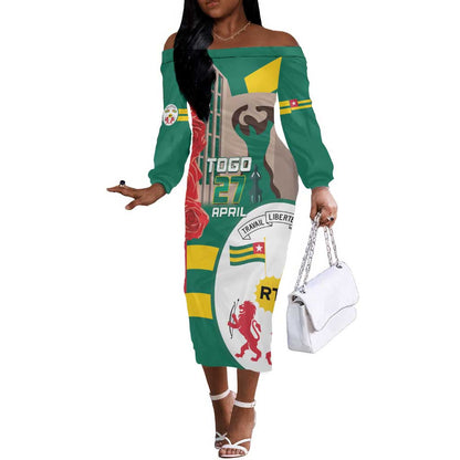 Republique Togolaise Monument de l'Independance Off The Shoulder Long Sleeve Dress African Pinkish Rose Coat Of Arms