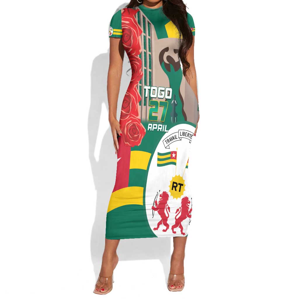 Republique Togolaise Monument de l'Independance Short Sleeve Bodycon Dress African Pinkish Rose Coat Of Arms LT14