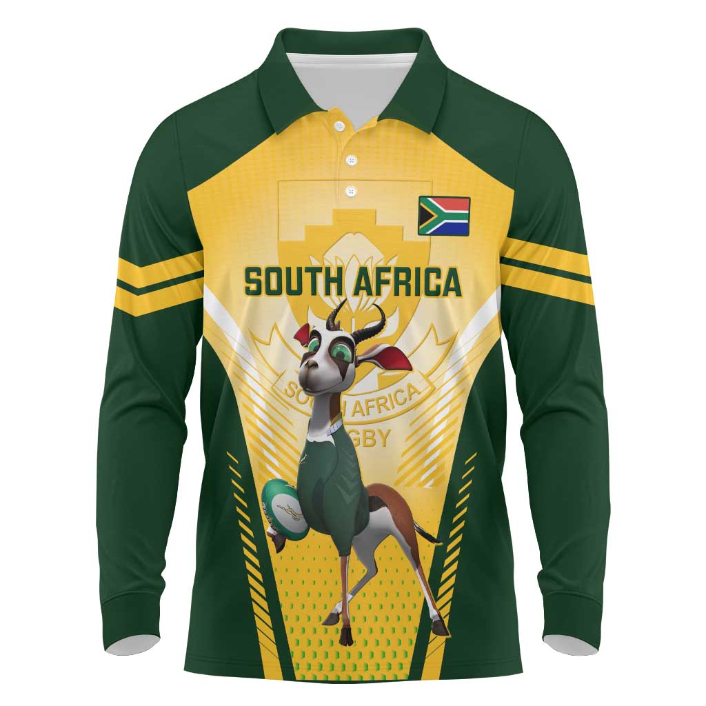 Custom South Africa Rugby Long Sleeve Polo Shirt Cute Springboks Mascot