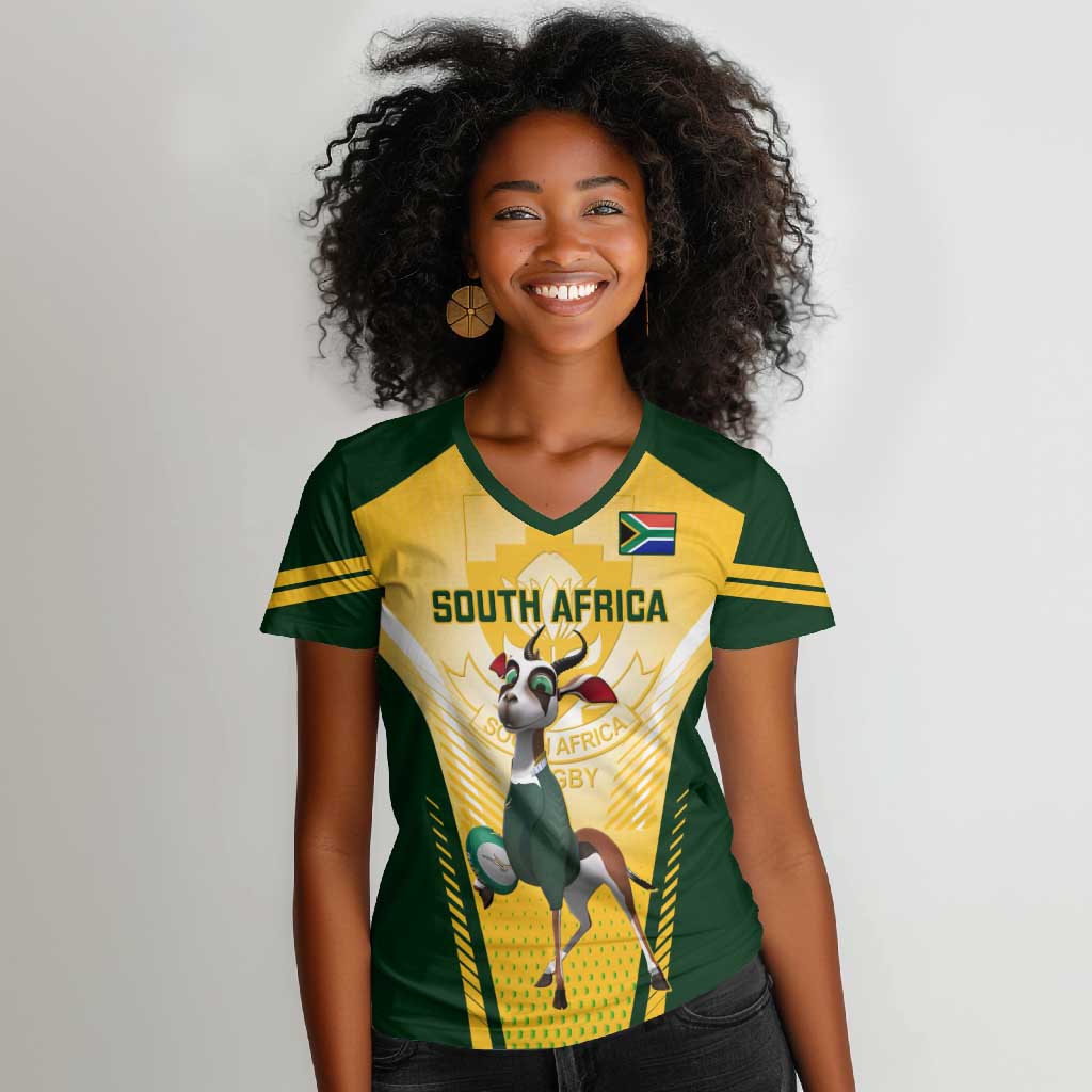 Custom South Africa Rugby Women V-Neck T-Shirt Cute Springboks Mascot