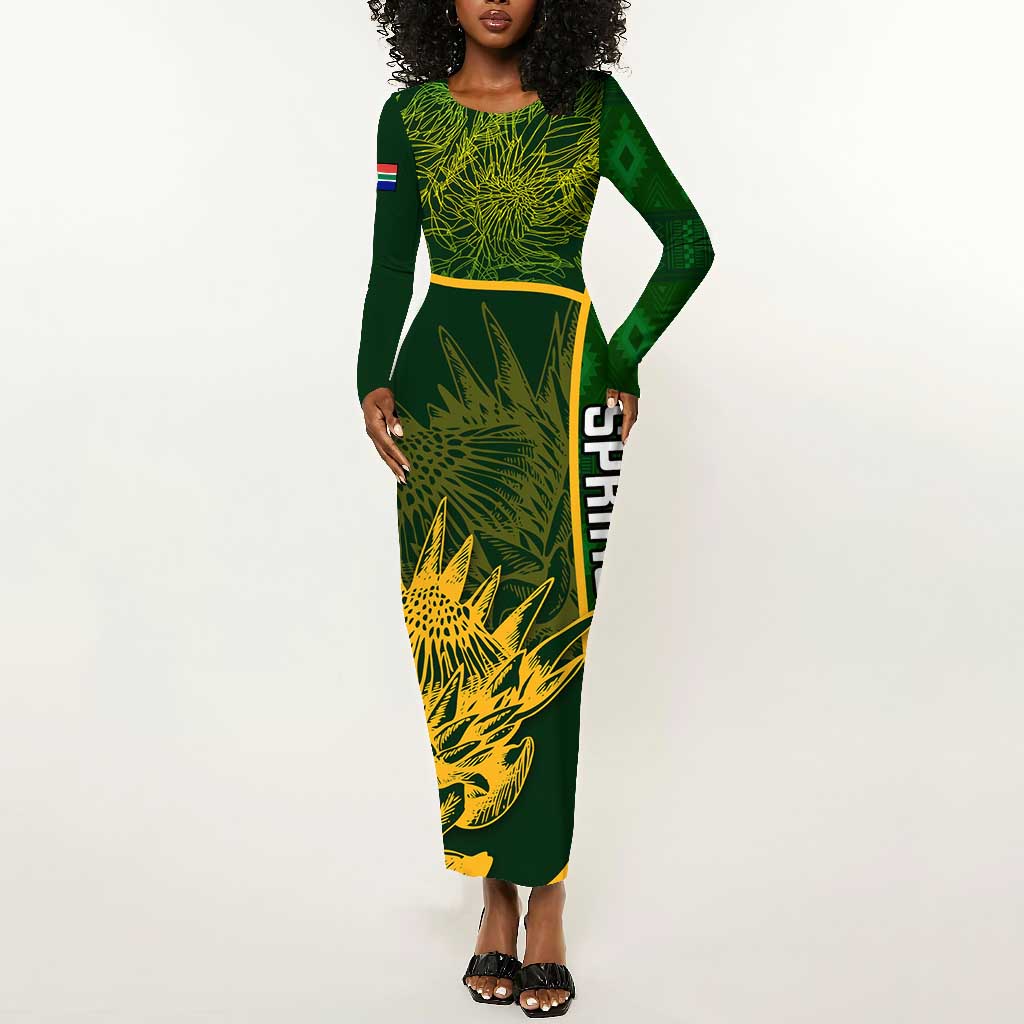 Custom South Africa Rugby Long Sleeve Bodycon Dress Go Champions Springboks Flower