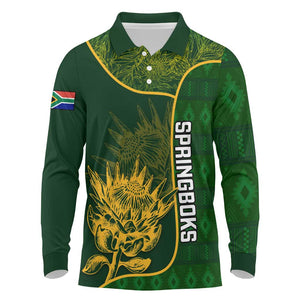 Custom South Africa Rugby Long Sleeve Polo Shirt Go Champions Springboks Flower