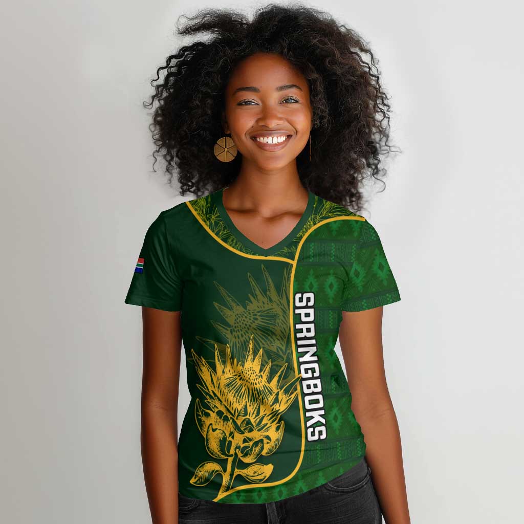 Custom South Africa Rugby Women V-Neck T-Shirt Go Champions Springboks Flower