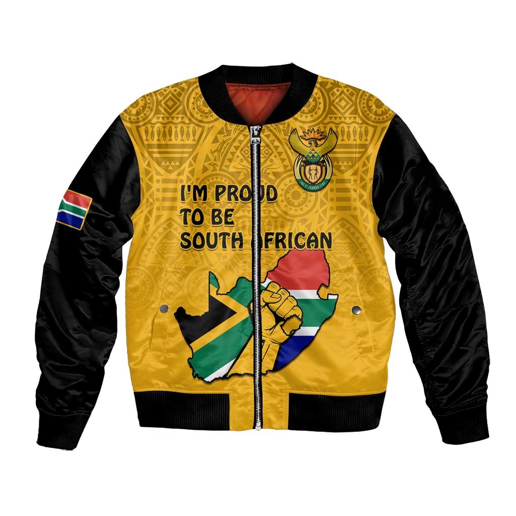 Personalised South Africa Bomber Jacket African Pattern Happy Freedom Day Yellow Version