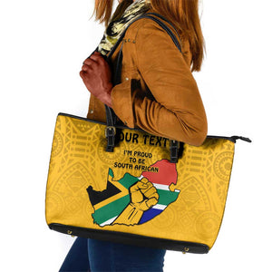 Personalised South Africa Leather Tote Bag African Pattern Happy Freedom Day Yellow Version