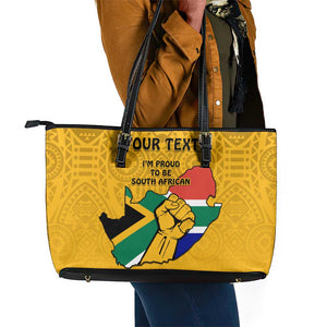 Personalised South Africa Leather Tote Bag African Pattern Happy Freedom Day Yellow Version