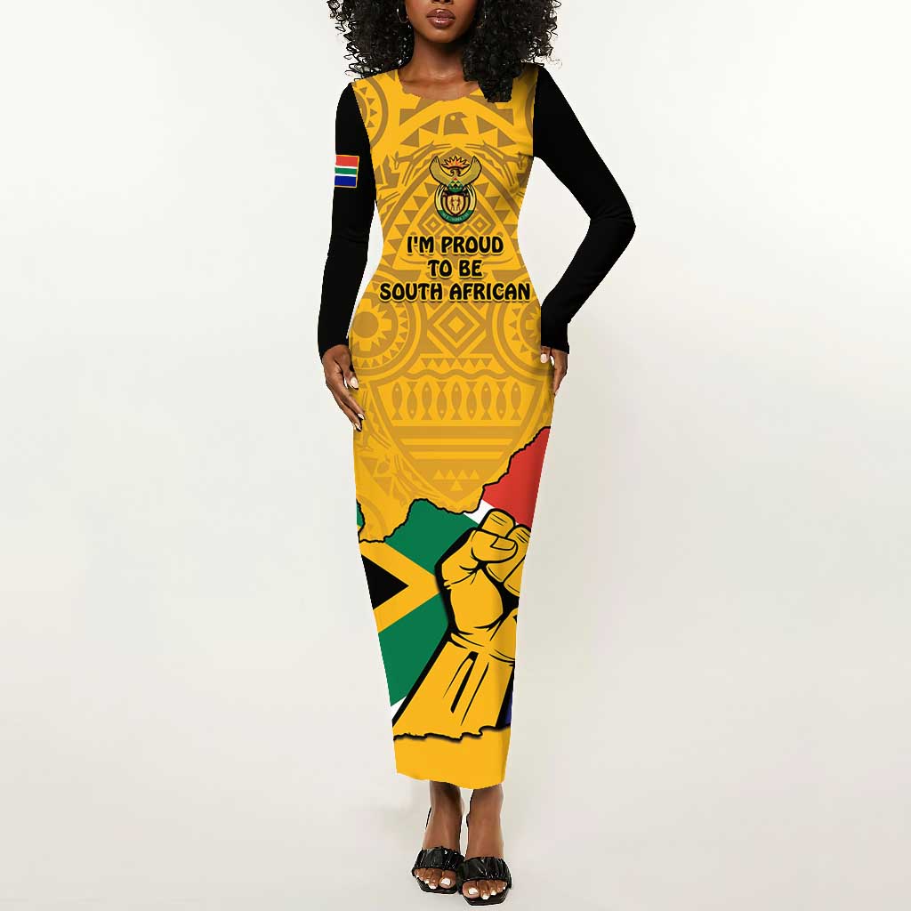 Personalised South Africa Long Sleeve Bodycon Dress African Pattern Happy Freedom Day Yellow Version